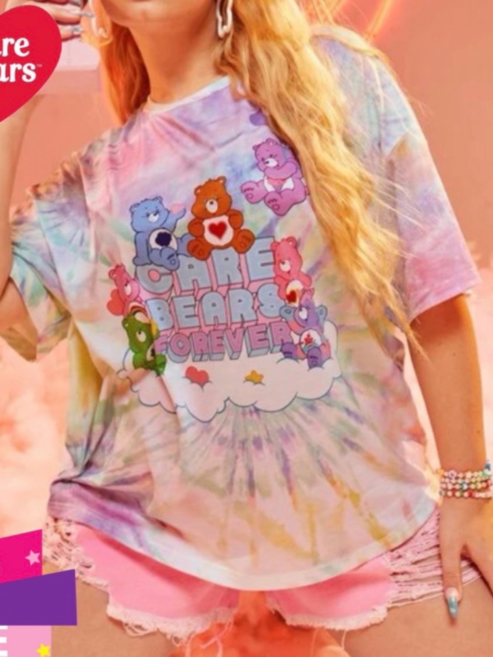 CareBears Forever pastel spiral tiedye graphic cropped oversized boxy tee NWT 4X